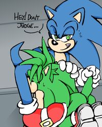 anthro anus ass bad_anatomy blue_hair brother dialogue fellatio fur green_eyes hair hedgehog incest looking_at_viewer male male_only manic_the_hedgehog multiple_males oral oral_sex sega sex sibling sonic_(series) sonic_the_hedgehog sonic_underground text yaoi young