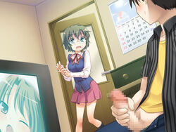 1boy 1girls brother_and_sister caught censored famima female game_cg glasses male masturbation penis short_hair walk-in