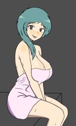 1girls big_breasts blue_hair fuuka_yamagishi long_hair looking_at_viewer persona persona_3 shiny_skin solo_female solo_focus towel wet yamagishi_fuuka