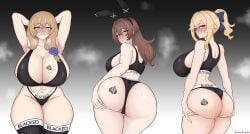 3girls absurd_res amber_(genshin_impact) armpits arms_above_head ass blacked blacked_clothing blonde_hair blue_eyes blush bra breasts brown_hair brown_hair bunny_ears daruko536 female_only genshin_impact grabbing_ass grabbing_own_ass green_eyes jean_gunnhildr large_ass large_breasts lifting_ass lisa_(genshin_impact) orange_eyes panties ponytail queen_of_spades spade_tattoo steam steamy tattoo thick_thighs thighhighs thighs