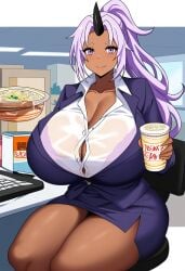 ai_generated bimbo bursting_breasts button_gap dan16369336 female female_only miniskirt office_lady shion_(tensei_shitara_slime_datta_ken) skirt straining_buttons tagme taut_shirt tensei_shitara_slime_datta_ken twitter_link