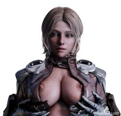 armored_gloves big_breasts blonde_hair blue_eyes breasts_out female holding_breasts phantomlust seductive seductive_look short_jacket the_first_descendant up_close viessa_(the_first_descendant)