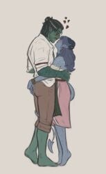 1boy 1girl blue_skin clothed critical_role critical_role:_the_mighty_nein dungeons_and_dragons female fjord_(critical_role) green_skin half-orc horns jester_lavorre jusoverart male male/female orc orc_male sfw straight tail tiefling wholesome