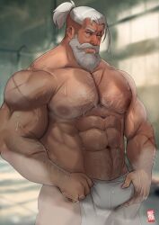 abs activision bara beard biceps blizzard_entertainment bulge daddy dilf doctor_anfelo hairy_chest male male_nipples male_only manly mature_male muscular_male nipples nude overwatch overwatch_2 pecs reinhardt scar wet white_beard white_hair