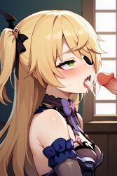 ai_generated blonde_female blonde_hair blonde_hair_female blowjob blowjob_face blowjob_gesture blush cum cum_in_mouth fischl_(genshin_impact) genshin_impact green_eyes indoor light-skinned_female light_skin