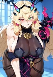 ai_generated barghest_(gawain)_(fate) black_dress blonde_hair cleavage creamy_ai curvy fate/grand_order fate_(series) green_eyes heterochromia huge_breasts leaning_forward long_hair muscular_female pantyhose red_eyes thick_thighs toned wide_hips