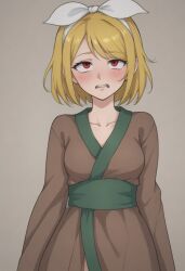 1girls ai_generated blush dark_blonde_hair female holding_self japanese_clothes kagamine_rin masa_works_design mjdennsfw oni_to_kitsune_no_hanashi red_eyes rolling_eyes shikyou_(onibi_series) solo_female struggling white_hair_bow