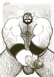 balls bara baralust beard big_penis body_hair boner dragon_ball dragon_ball_z erection facial_hair glasses horned_helmet male male_only monochrome muscles nude overweight ox_king penis solo solo_male