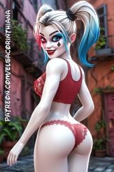 1woman 3d ai ai_generated alley ass batman_(series) big_breasts blue_eye blue_nails cartoon dc dc_comics elsacorinthiana face_makeup female harley_quinn lingerie makeup nsfw patreon pink_and_blue pink_eye posi posing posing_for_the_viewer red_bra red_lingerie red_tank_top semi-naked semi-nude semi-nudity semi_nude skinny solo white_hair white_skin