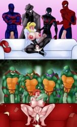 2girls 8boys after_vaginal alternate_breast_size anthro april_o'neil april_o'neil_(tmnt_1987) brothers crossover cum cum_in_pussy cum_inside dark-skinned_male dark_skin donatello dripping_pussy female gwen_stacy gwen_stacy_(spider-verse) hairband hpz-97 huge_cock human human_female human_male interracial interspecies leonardo light-skinned_female light-skinned_male light_skin marvel marvel_comics michelangelo miguel_o'hara miles_morales multiple_boys multiple_girls oversized_penis penis raphael scalie spider-gwen spider-man spider-man_(series) surrounded teenage_mutant_ninja_turtles turtle vaginal wet_pussy