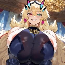 ai_generated areola_slip barghest_(gawain)_(fate) black_dress blonde_hair breast_focus breasts_bigger_than_head cleavage creamy_ai curvy fate/grand_order fate_(series) green_eyes heterochromia huge_breasts long_hair red_eyes toned upper_body