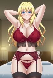 ai_eyes ai_generated american arms_behind_head bedroom blonde_hair blue_eyes female female_only huge_breasts human human_female human_only lingerie lokokabooster69 long_hair masou_gakuen_hxh tagme thighhighs twitter_link yurishia_farandole