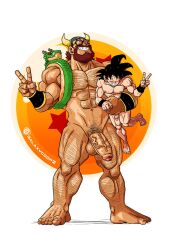 balls bara beard big_penis dragon_ball dragon_ball_z facial_hair flaccid galaxycoop gay glasses horned_helmet male male_only muscles nude overweight ox_king peace_sign penis size_difference son_goku sweat sweating