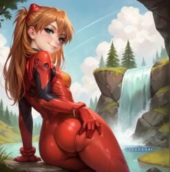 ai_generated ass ass_focus asuka_langley_sohryu catsuit from_behind grabbing_ass latex latex_catsuit neon_genesis_evangelion orange orange_catsuit orange_hair orange_latex orange_latex_catsuit sitting syngornai