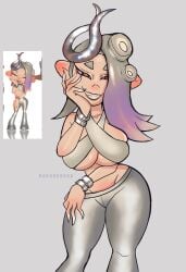 1girls 2020s 2024 alternate_costume bell-bottoms big_breasts black_eyelashes bracelet breasts clothed clothing crop_top digital_drawing_(artwork) digital_media_(artwork) dipstick_fingers female female_only grand_festival_(splatfest) grey_eyebrows grey_hair grey_pants hair_over_eye hair_over_one_eye hand_on_face headgear headwear hi_res jewelry light-skinned_female light_body light_skin looking_at_viewer marine marine_humanoid medium_hair mollusk mollusk_humanoid nintendo octarian_tattoo official_alternate_costume red_eyes red_tattoo reference_image ring_(jewelry) rings_on_wrists shiver_(grand_festival) shiver_(splatoon) shiver_hohojiro showing_teeth smirking_at_viewer splatfest splatoon splatoon_(series) splatoon_3 tattoo tattoo_on_belly teal_clothing teal_hair teal_lips team_future_(splatfest) tentacle tentacle_hair thick_thighs white_crop_top