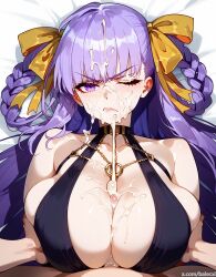 ai_generated angry balecxi bb_(fate) bb_dubai_(fate) blush breast_grab breast_squeeze dress fate/grand_order fate_(series) frown glaring huge_breasts looking_at_viewer one_eye_closed paizuri paizuri_under_clothes pov purple_eyes purple_hair