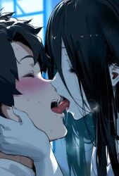 1boy 1girls ai_generated blush close-up closed_eyes female french_kiss hand_on_another&#039;s_face kissing sadako_yamamura the_ring tongue tongue_piercing white_body yamamura_sadako