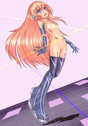 1girls blue_eyes blush breasts female headset highres long_hair nipples orange_hair pussy robot robot_girl solo takiteru tear uncensored