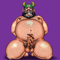 balls bara beard body_hair boner dragon_ball dragon_ball_z erection facial_hair glasses horned_helmet male male_only muscles nude oi on_knees overweight ox_king penis solo solo_male