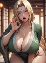 ai_generated big_breasts blonde_hair breasts hokage huge_breasts human light-skinned_female light_skin mature mature_female milf mommy naruto ninja seductive seductive_look solo solo_female straight_hair thick_thighs thighs tongue tongue_out tsunade voluptuous voluptuous_female wide_hips