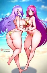 2girls alternate_costume ass asymmetrical_docking bare_legs bare_shoulders barefoot beach bikini blush breast_press breasts butt_crack camilla_(fire_emblem) cleavage female_only fire_emblem fire_emblem_engage fire_emblem_fates gold_bikini gold_swimsuit hair_over_one_eye highres huge_ass huge_breasts ivy_(fire_emblem) jaxartdump jaxdrawz large_breasts long_hair looking_at_viewer multiple_girls navel nintendo ocean purple_eyes purple_hair swimsuit symmetrical_docking thick_thighs thighs thong_bikini very_long_hair wavy_hair yellow_bikini yellow_swimsuit