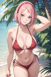 1girls ai_generated arm_behind_head arm_up beach bikini bikini_bottom bikini_top blush bob_cut boruto:_naruto_next_generations breasts cleavage facial_mark forehead_mark green_eyes light-skinned_female light_skin long_hair looking_at_viewer mature mature_female midriff milf nai_diffusion naruto naruto_(series) paipan pale-skinned_female pale_skin palm_tree petite petite_body pink_hair pinup qud-ai red_bikini sakura_haruno seaside shoulder_length_hair small_breasts smile solo solo_focus stable_diffusion swimsuit tree upper_body