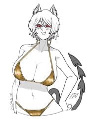 ayatakazumu big_breasts bikini bikini_bottom bikini_top blush breasts cerberus_(helltaker) cleavage dated demon_tail dog_ears ear_tuft golden_bikini helltaker huge_breasts large_breasts midriff navel open_mouth red_eyes short_hair simple_background tail white_background white_hair