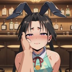 ai_generated blushing_at_viewer bunny_boy bunny_costume bunny_ears bunnysuit dark_hair femboy hojo_tokiyuki horny long_hair pov purple_eyes seductive_look the_elusive_samurai trap yui_chi