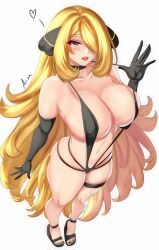 1girls anisdrawn blonde_hair breasts cynthia_(pokemon) female game_freak hair_over_one_eye hi_res hips huge_breasts light-skinned_female light_skin long_hair nintendo pokemon pokemon_dppt pulling_bikini_string sling_bikini thick_thighs thighs white_background wide_hips