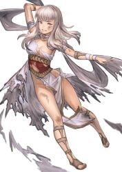 1girls alternate_costume breasts bruise clenched_teeth daisuke_6897 dancer dancer_(three_houses) dancer_outfit dirty fire_emblem fire_emblem:_three_houses frown grey_hair lysithea_von_ordelia medium_breasts nintendo no_panties pink_eyes skeb_commission teenage_girl teenager thighs torn_clothes