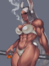 1girls abs beer big_ass big_breasts bunny_ears bursting_breasts cigarette cleavage dark-skinned_female drugalek female female_only leaning miruko muscular muscular_female my_hero_academia navel thick_thighs thighs