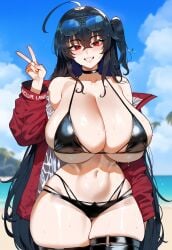 ai_generated azur_lane beach bikini black_bikini black_hair cleavage creamy_ai curvy huge_breasts jacket long_hair red_eyes red_jacket taihou_(azur_lane) taihou_(enraptured_companion)_(azur_lane) thick_thighs thigh_boots thigh_strap wide_hips