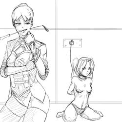 2ch.hk angry bare_breasts bondage chains clothing collar dispecher from_police_to_kids iichan.ru military_uniform monochrome multiple_girls mvd-tan nadejda nipples panties rough_sketch sketch uniform