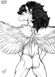 ass black_and_white chris_sawyer equine hair horse long_hair male male_only monochrome nude pegasus plain_background white_background wings