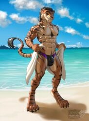 1boy 2024 abs anthro beach black_nipples bulge clothing fangs felid feline hi_res hybrid jakkar lion looking_at_viewer male male_only mammal markings muscular muscular_anthro muscular_male navel nipples outside pantherine prehistoric_species saber-toothed_tiger sabertooth_(anatomy) sea smile solo speedo striped_markings stripes swimwear teeth tiger towel vallhund water