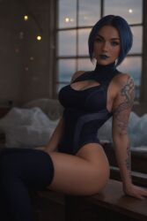 ai_generated arm_tattoo bare_shoulders blue_eyes blue_hair blue_lipstick blurry blurry_background blurry_foreground borderlands breasts cleavage depth_of_field eyeshadow female highleg leotard lips lipstick looking_at_viewer makeup maya_(borderlands) qbinr self_upload short_hair sitting solo tattoo thighhighs thighs