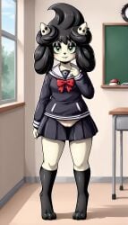 1girls 2024 ai_generated alcremie anthro chubby chubby_female classroom digitigrade female female_only generation_8_pokemon goth goth_girl green_eyes hi_res indoors looking_at_viewer mostly_nude nintendo no_panties pokemon pokemon_(species) school_uniform showing_pussy smile