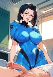 1boy 1girls 2d ai_generated black_hair bodysuit kaoru_niimi penis short_hair skin_tight skintight slim slim_waist space_battleship_yamato space_battleship_yamato_2199 tagme