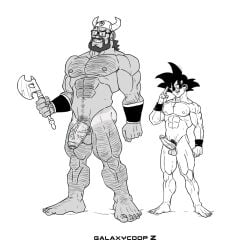 balls bara beard body_hair boner dragon_ball dragon_ball_z erection facial_hair flaccid galaxycoop glasses horned_helmet male male_only monochrome muscles nude overweight ox_king penis penis_size_difference size_difference son_goku