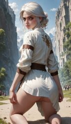 ai_generated ass ciri clothing female green_eyes light-skinned_female looking_at_viewer presenting_ass pussy solo the_witcher_(series) the_witcher_3:_wild_hunt white_hair