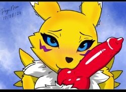 animal_genitalia anthro bandai_namco blue_eyes blush canid canine_penis digimon digimon_(species) fellatio female fluffy fur furry furry_female furry_only genitals glistening licking looking_at_viewer male male/female mammal nude oral penis penis_lick renamon sex tongue unknown_male unseen_male_face white_fur yellow_fur