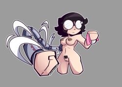 1girls black_hair blush bracelet female geekboylewds glasses holding_object lynette_guycott nude nude_female panties pink_panties pubic_hair robotic_arm scott_pilgrim short_hair solo solo_female