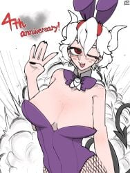 areola_slip areolae arm_at_side ayatakazumu bare_shoulders beelzebub_(helltaker) big_breasts black_fingernails bowtie bowtie_collar breasts bunny_ears bunnysuit cleavage demon demon_girl demon_horns demon_tail explosion fishnet_legwear fishnets freckles freckles_on_breasts freckles_on_face freckles_on_shoulders hand_up helltaker horns large_breasts one_eye_closed open_mouth purple_bunnysuit red_eyes short_hair tail teeth tongue upper_body upper_teeth white_hair