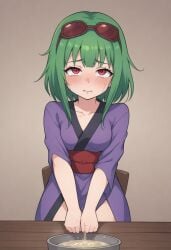 ai_generated blush goggles_on_head green_hair gumi japanese_clothes masa_works_design mjdennsfw mv_character oni_to_kitsune_no_hanashi peeing red_eyes self_upload tears_of_pleasure the_doll_owner_(onibi_series)