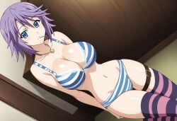 ai_generated big_breasts bra breasts gastkeser82 large_breasts panties purple_hair rosario+vampire shirayuki_mizore short_hair straps striped_bra striped_panties striped_underwear underwear voluptuous wide_hips