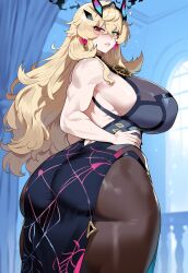 ai_generated ass barghest_(gawain)_(fate) black_dress blonde_hair cleavage creamy_ai curvy fate/grand_order fate_(series) from_behind green_eyes heterochromia huge_ass huge_breasts long_hair muscular_female pantyhose red_eyes sideboob thick_thighs toned wide_hips