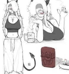 1girls arms_at_sides ash_tray ayatakazumu big_breasts breasts burn_scar cigarette cigarette_in_mouth cigarette_smoke cleavage collarbone crop_top cup demon demon_girl demon_horns demon_tail english_text female female_only full_body glasses hair_over_one_eye half-closed_eyes hand_on_chin helltaker holding_cigarette horns large_breasts lighter long_hair midriff navel navel_piercing panties red_eyes round_glasses simple_background solo standing sweatpants tail text upper_body white_background white_hair zdrada_(helltaker)