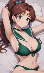 1girls ai_generated alone armpits arms_up arms_up_pose artist_request background bed bedroom bedsheets bishoujo_senshi_sailor_moon blush blushing_at_viewer blushing_female bra brown_hair brown_hair_female cute_face cute_girl earrings female female_only girl_only green_bra green_earrings green_eyes_female green_panties hands_behind_head lingerie looking_at_viewer magical_girl makoto_kino medium_breasts medium_hair medium_hair_female naughty only_female only_girl panties remastered sailor_jupiter seduction seductive seductive_body seductive_eyes seductive_look seductive_pose seductive_smile sexy_armpits solo solo_female strong strong_female strong_woman tiara tied_hair tomboy upscaled white_bed_sheet white_pillow young_female young_girl young_woman