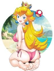 1girls ass beach big_ass big_breasts bikini blonde_hair blue_eyes blush breasts feet female igni_tion mario_(series) nintendo princess_peach solo solo_female super_mario_bros.