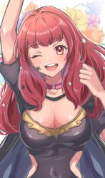 1girls :d absurdres arm_up black_unitard breasts coral_3535 dot_nose facial_mark female female female_only fire_emblem fire_emblem_engage hair_ornament highres large_breasts long_hair looking_at_viewer nintendo one_eye_closed red_eyes red_hair smile solo star_(symbol) star_facial_mark star_hair_ornament teeth upper_body upper_teeth_only yunaka_(fire_emblem)